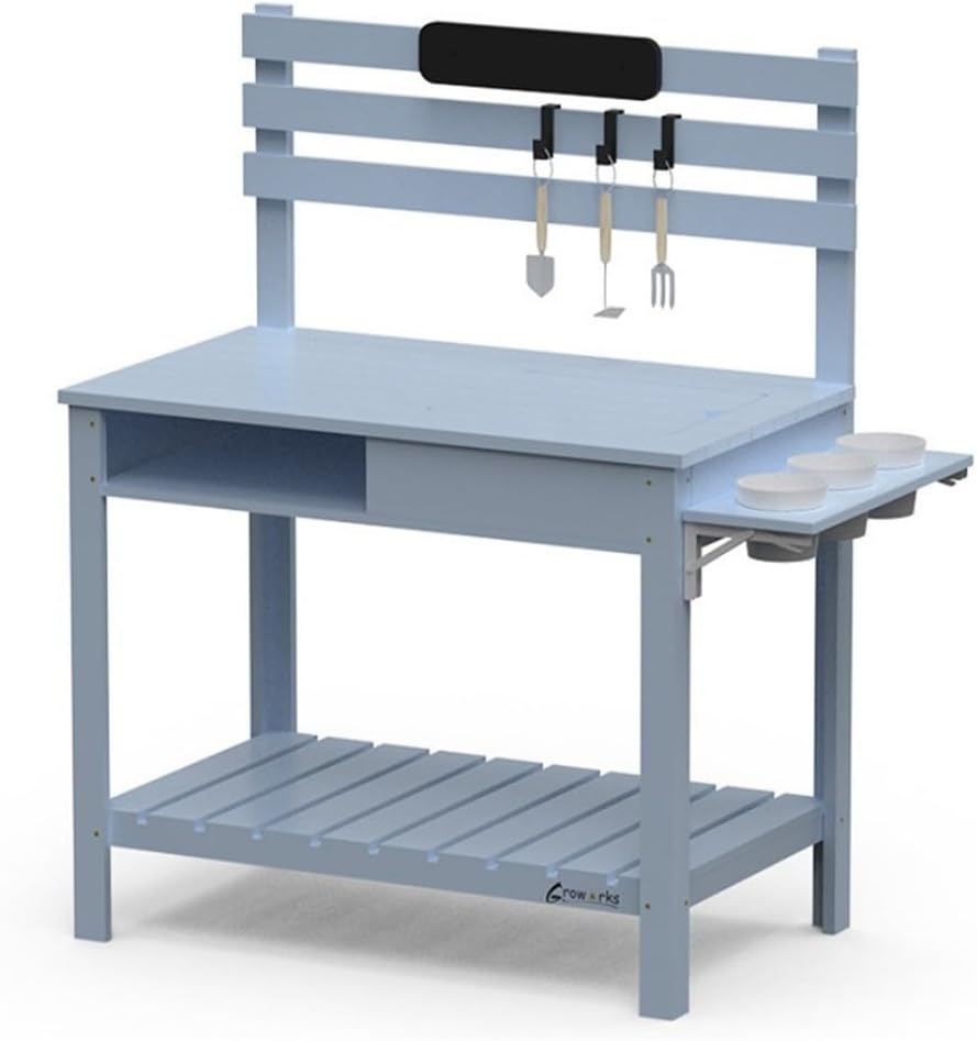 Outdoor Potting Bench with Blackboard and Sink, Multi-Functional Garden Workbench Table for Courtyard, Balcony or Patio, Planting Table with Storage Shelves and Tool Rack(Blue)