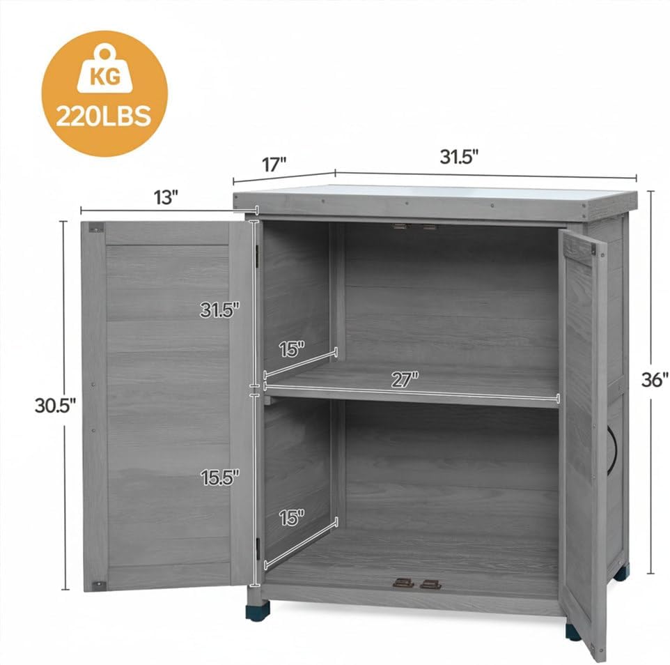 Garden Potting Bench Table, Outdoor Storage Cabinets Weatherproof Storage Cabinet with Metal Table Top Garden Furniture Wood Workstation for Outdoor Patio