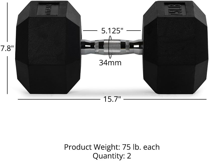 Titan Fitness Pair Rubber Coated Hex Dumbbells, Roll-Resistant Hexagonal Free Weights, Chrome-Coated Handles with Knurling, Strength Training Equipment
