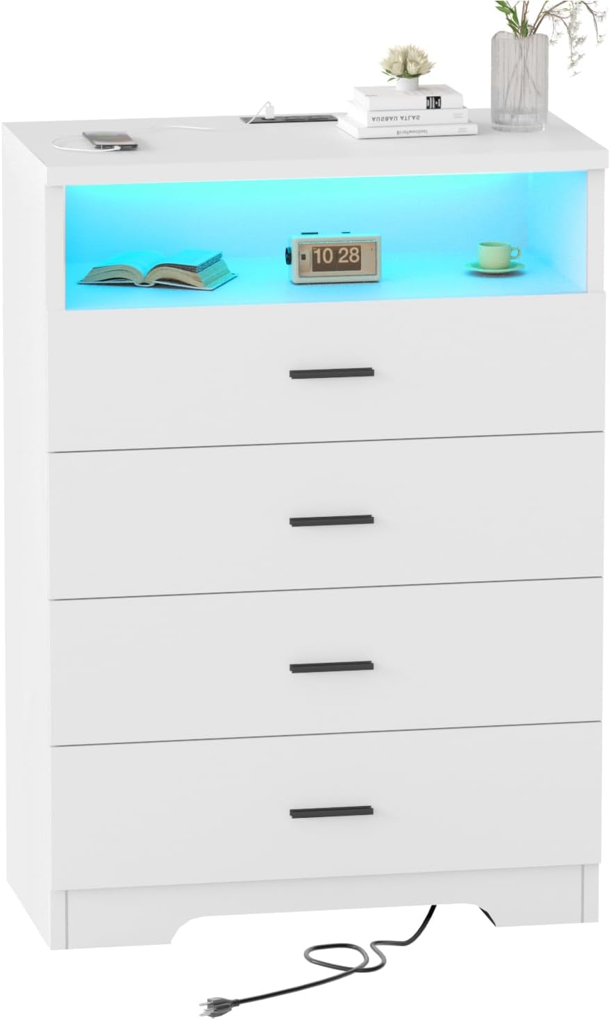FJTJBSI Dresser with Power Outlets and LED Lights Wooden 4 Drawer Dresser with Large Organizer Tall White Drawer for Bedroom Modern Chest of Drawers Closet for Living Room Kids Room