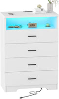 FJTJBSI Dresser with Power Outlets and LED Lights Wooden 4 Drawer Dresser with Large Organizer Tall White Drawer for Bedroom Modern Chest of Drawers Closet for Living Room Kids Room