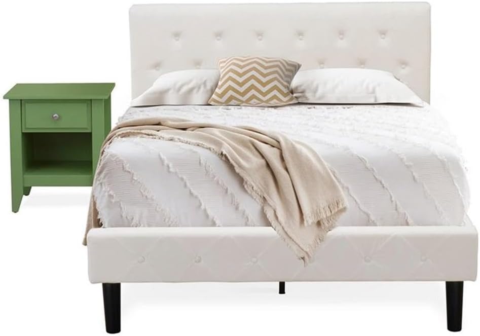 East West Furniture NL19F-1GA12 2 Piece Bedroom Set - Full Size Button Tufted Bed - Linen white Velvet Fabric Upholstered Headboard and a Clover Green Finish Nightstand