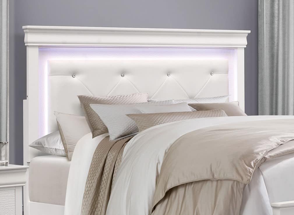 Glam 3-Pc Bedroom Set White Finish Full Size Button-Tufted Bed w LED Headboard Crocodile Texture Panels Wooden Furniture