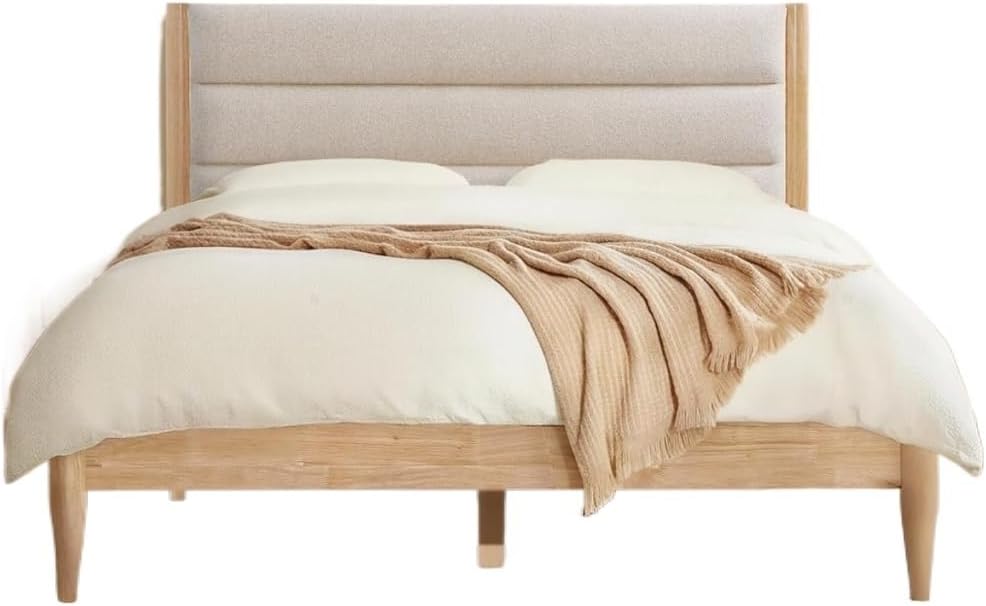 A Complete Set of Full-Size Furniture, Featuring A Wooden Bed Frame with Two Bedside Tables, Suitable for A Bedroom.(Oat)