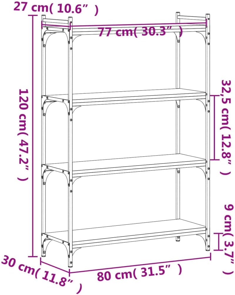4-Tier Industrial Bookcase, Black Engineered Wood & Metal Frame, Stable Storage Shelf for Living Room, Office, Bedroom, Adjustable Feet