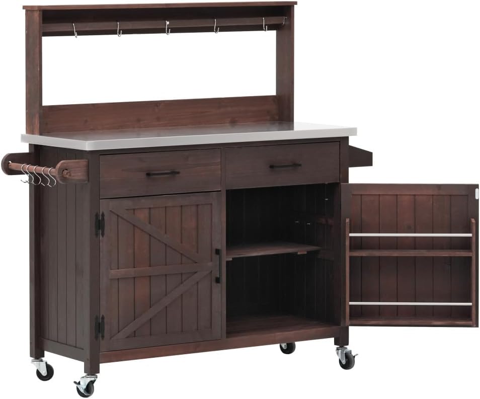 54.1' Outdoor Kitchen Island with High Shelf, Large Outdoor Garden Potting Bench Table with Stainless Steel Top and Storage Cabinet, Solid Wood Grill Cart With Lockable Wheels for BBQ (Brown)