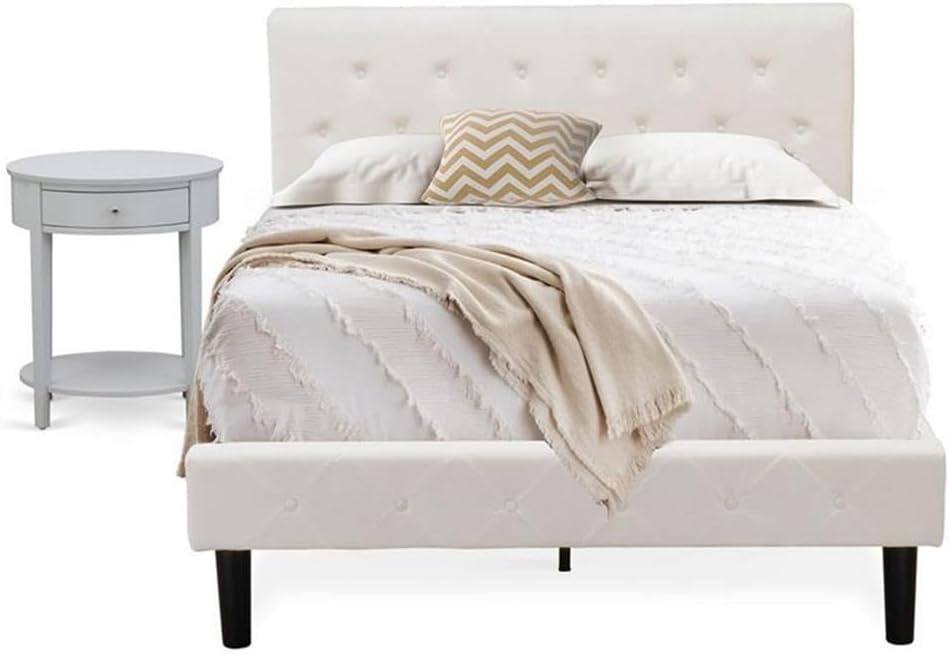 East West Furniture NL19F-1HI14 2 Piece Full Size Bedroom Set - Button Tufted Bed Frame - Linen white Velvet Fabric Upholstered Headboard and an Urban Gray Finish Nightstand