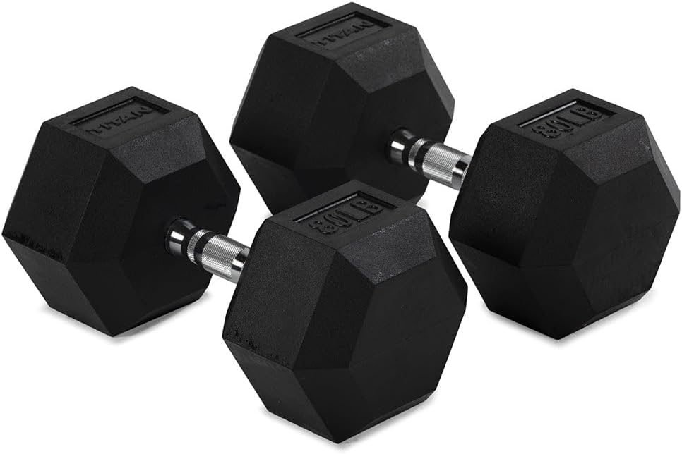 Titan Fitness Pair Rubber Coated Hex Dumbbells, Roll-Resistant Hexagonal Free Weights, Chrome-Coated Handles with Knurling, Strength Training Equipment