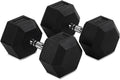 Titan Fitness Pair Rubber Coated Hex Dumbbells, Roll-Resistant Hexagonal Free Weights, Chrome-Coated Handles with Knurling, Strength Training Equipment