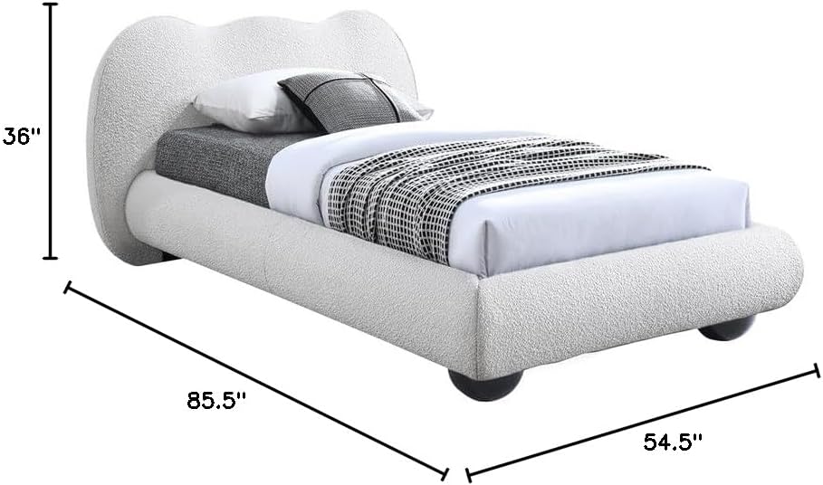 Meridian Furniture HydeCream-T Hyde Collection Modern | Contemporary Twin Bed with Rich Cream Boucle Fabric, Both Natural and Black Finish Solid Wood Legs, 54.5' W x 85.5' D x 35.75' H, Cream, Twin