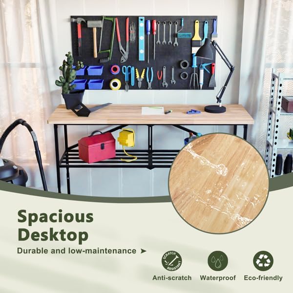 3-Level Height Adjustable Mobile Workbench, Hardwood Top with Steel Frame, Lockable 360° Wheels, Storage Shelf, Workshop Table for Garage, DIY Projects