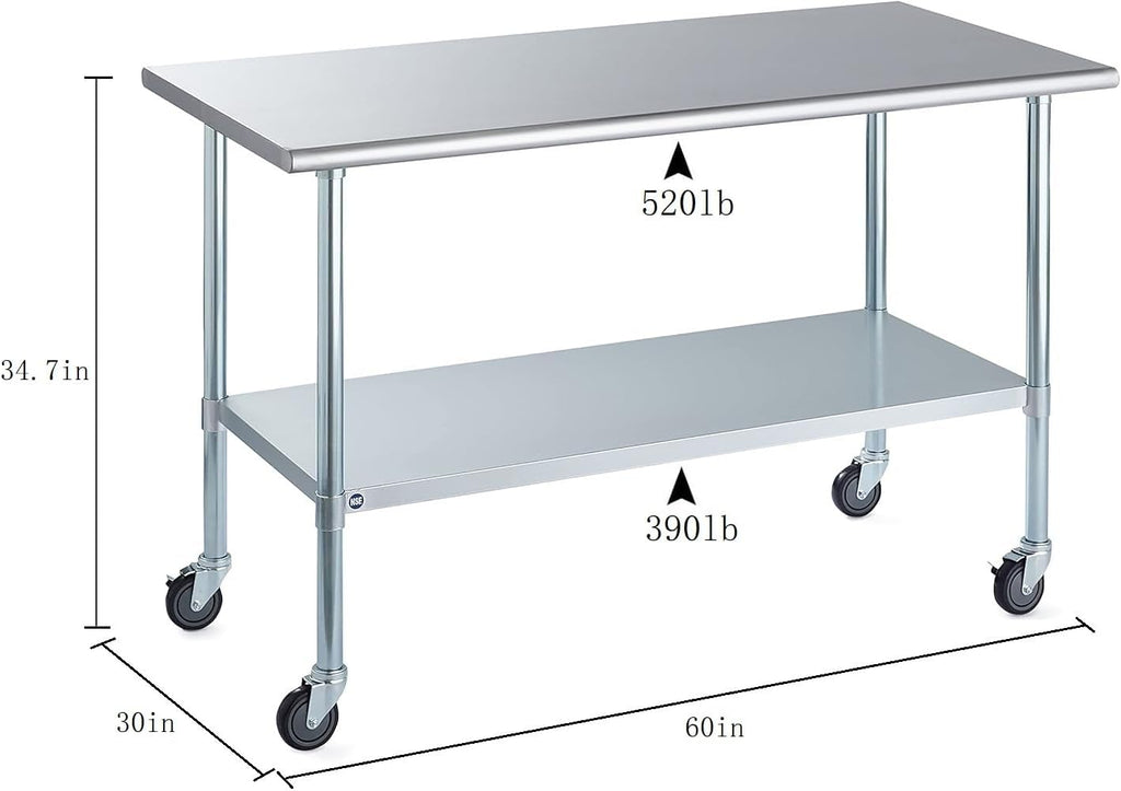 ROCKPOINT Stainless Steel Table for Prep & Work with Caster Wheels 30x60 Inches, NSF Metal Commercial Kitchen Heavy Duty Table with Adjustable Under Shelf and Table Foot for Restaurant, Home and Hotel
