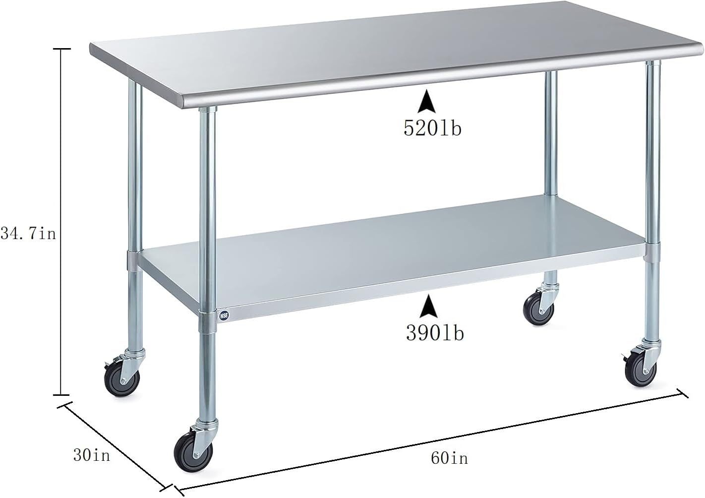ROCKPOINT Stainless Steel Table for Prep & Work with Caster Wheels 30x60 Inches, NSF Metal Commercial Kitchen Heavy Duty Table with Adjustable Under Shelf and Table Foot for Restaurant, Home and Hotel