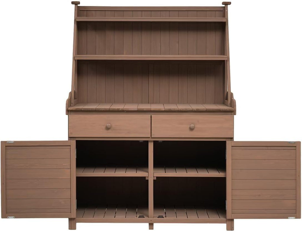 JIJIWANG 65' Garden Potting Bench Table, Fir Wood Workstation with Storage Shelf, Drawer and Cabinet, Brown