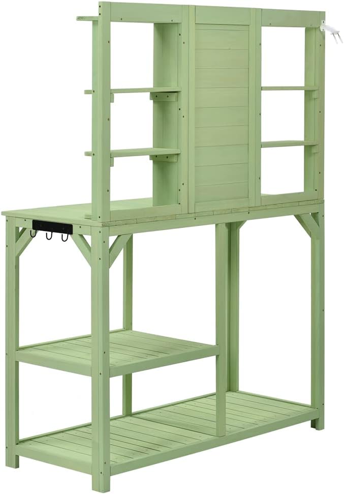 Garden Potting Bench Table with 4 Storage Shelves and Side Hook, 65' Large Wooden Farmhouse Rustic Outdoor Patio Workstation, Garden Potting Bench with Splash Plate (Green)