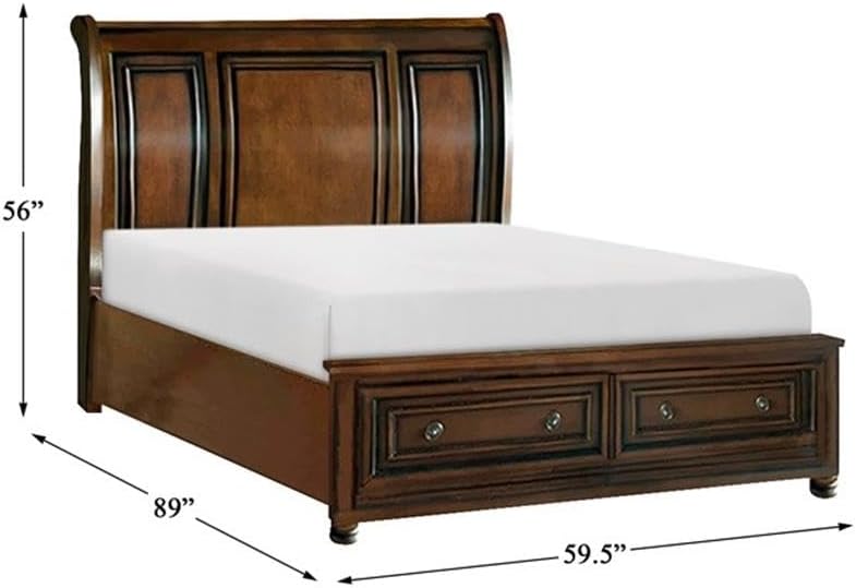 Pemberly Row Traditional Full Sleigh Platform Bed, Brown Cherry Finish, Wood & MDF Frame with Birch Veneer, 2-Drawer Storage Footboard, Includes Headboard, Slats & Rails for Transitional Bedroom Use