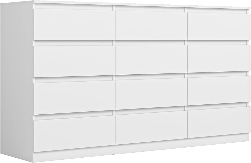 Vibe & Dine White Dresser 12 Drawer, Modern Long Dresser for Bedroom, Wood Chest of Drawers with Wide Storage for Living Room