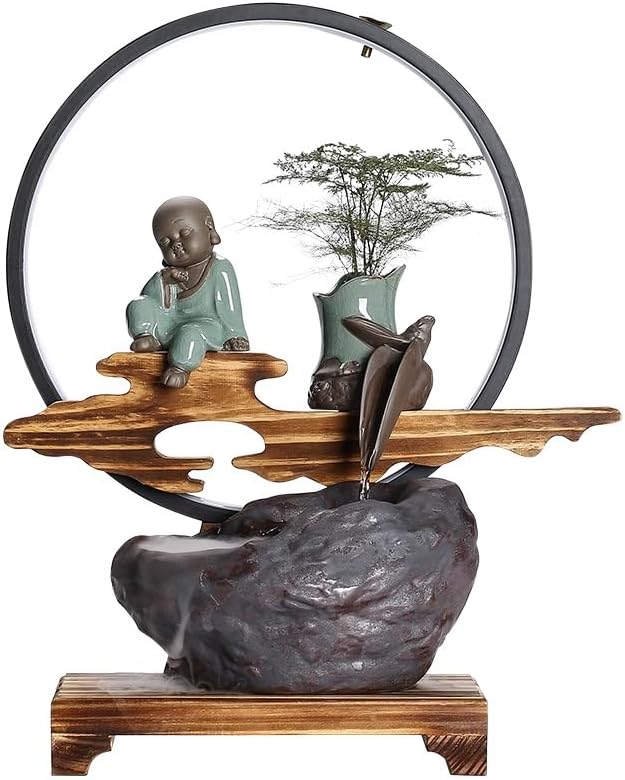 Small Fountain Indoor Tabletop Fountain with Light Ring Water Fountain Humidifier Living Room Office Home Creative Craft Ornaments Tabletop Fountains