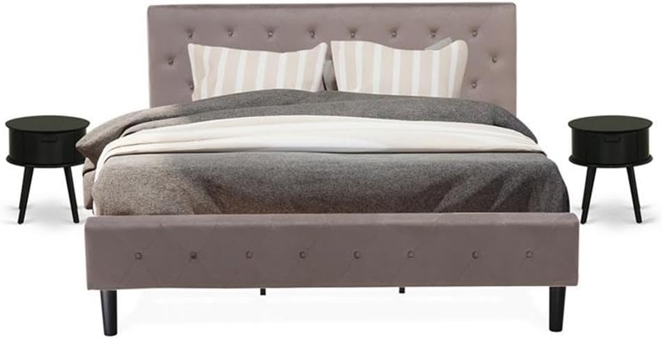 East West Furniture NL14K-2GO11 3 Piece King Size Bed Set - Button Tufted Modern Bed Frame - Brown Taupe Velvet Fabric Upholstered Headboard and a Black Finish Nightstand