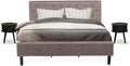 East West Furniture NL14K-2GO11 3 Piece King Size Bed Set - Button Tufted Modern Bed Frame - Brown Taupe Velvet Fabric Upholstered Headboard and a Black Finish Nightstand