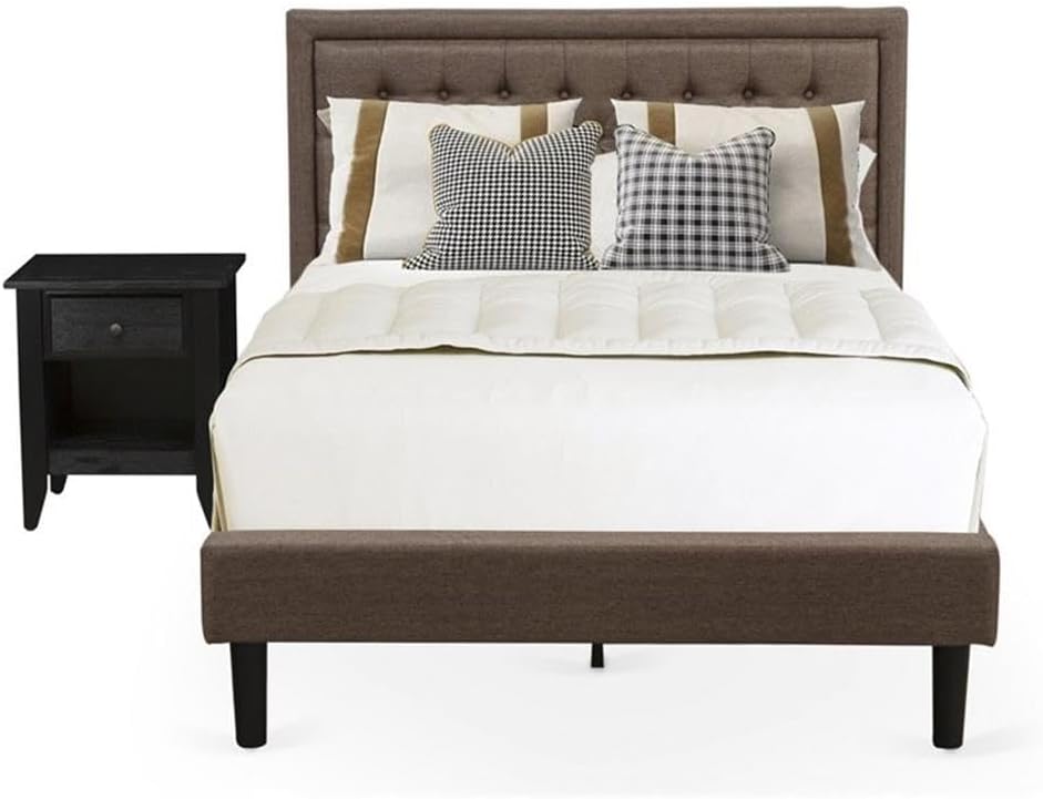 East West Furniture KD18F-1DE07 2 Piece Wood Bedroom Set - 1 Wood Bed Frame Brown Linen Fabric Padded and Button Tufted Headboard with 1 Small Night Stand - Distressed Jacobean Finish Nightstand