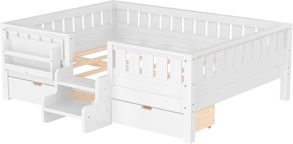 Bellemave Full Size Bed with Slats and Stairs, Full Size Platform Bed Frame with Fence, Bookshelf and Storage Drawers, Easy Assemble Beds for Kids, Girls, Boys, White