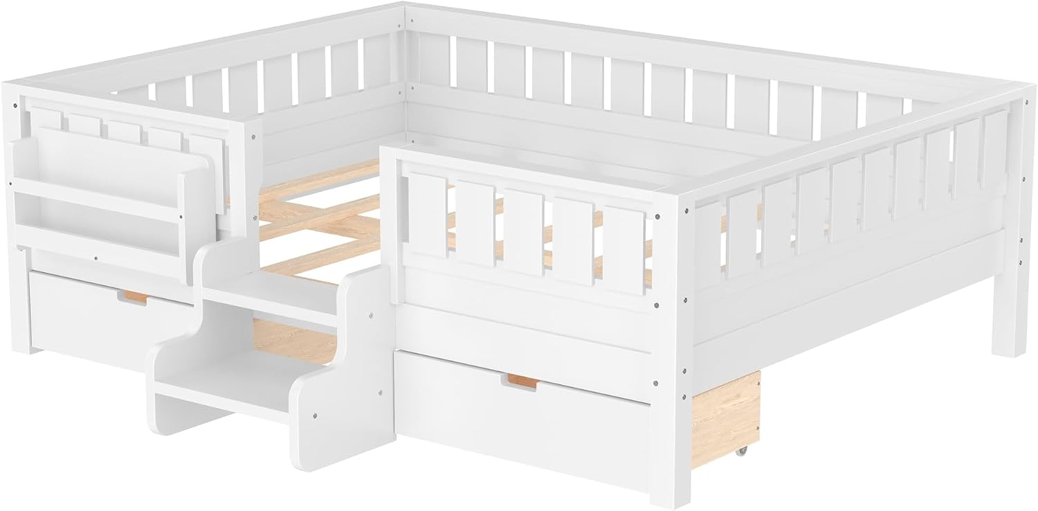 Bellemave Full Size Bed with Slats and Stairs, Full Size Platform Bed Frame with Fence, Bookshelf and Storage Drawers, Easy Assemble Beds for Kids, Girls, Boys, White