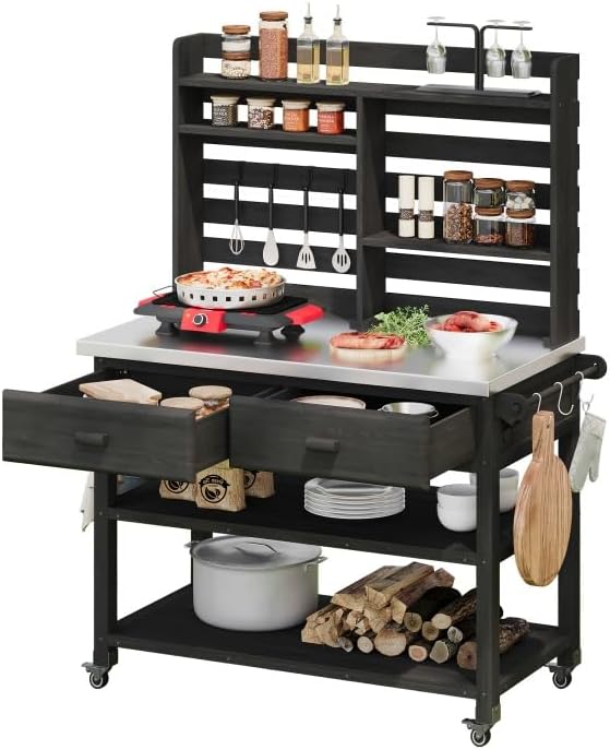 K&K 64.9' H Outdoor Potting Bench Table with Lockable Wheels, Solid Wood Outdoor Kitchen Island with Upper Hutch, Stainless Steel Top, Towel Rack,Outdoor Storage for Grilling, Lawn Garden -Black