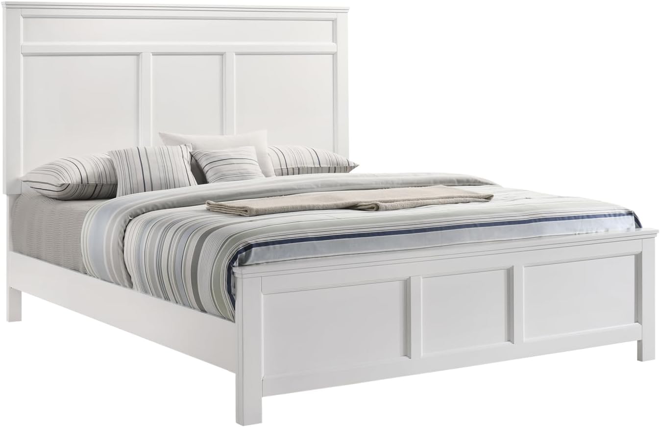 HomeStock Wood Panel Bed - White Finish - Bedroom Furniture with Headboard California King