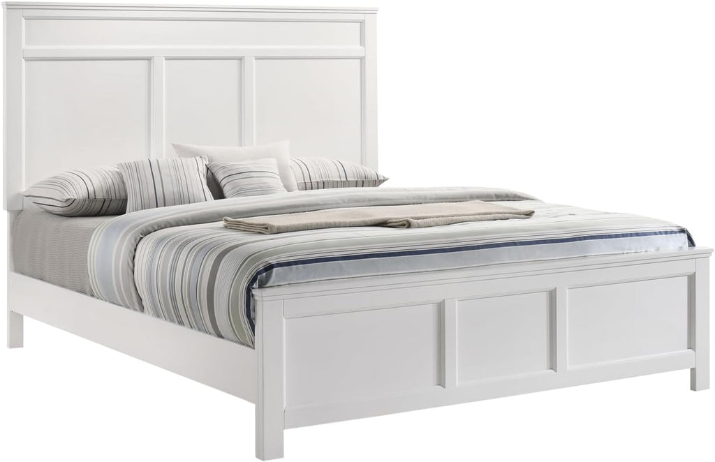 HomeStock Wood Panel Bed - White Finish - Bedroom Furniture with Headboard Queen