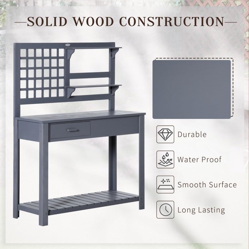 Grey Potting Bench Table, Garden Work, Outdoor Wooden Workstation with Tiers of Shelves and Drawer