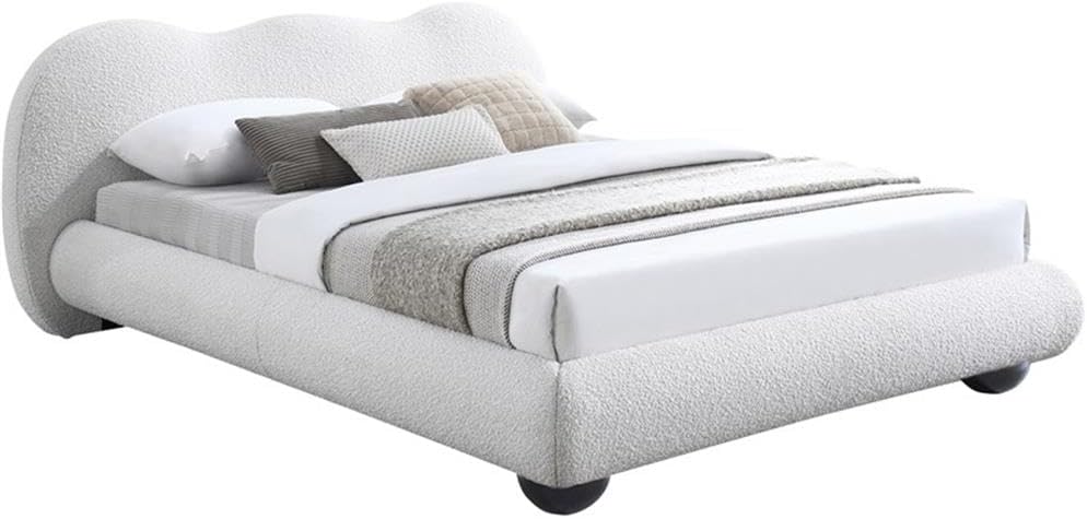 Meridian Furniture HydeCream-F Hyde Collection Modern | Contemporary Full Bed with Rich Cream Boucle Fabric, Both Natural and Black Finish Solid Wood Legs, 70.25' W x 85.5' D x 35.75' H, Cream, Full