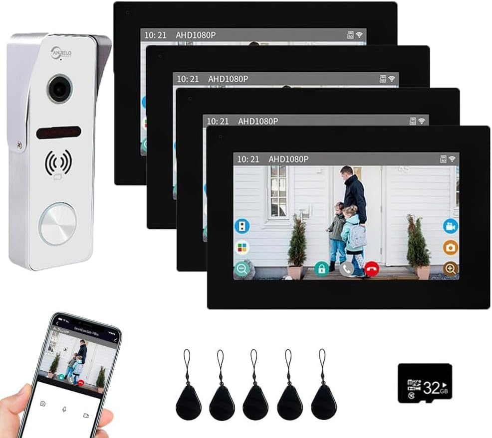 Wired Video Doorbell Apartment Intercom,7 inch Touch Screen Monitor 1080P Door Bell Camera TUYA Smart Home Door Phone Kits,3 in 1 Unlock RFID Card for Home Villa,32G (1 doorbell+4 Monitor)