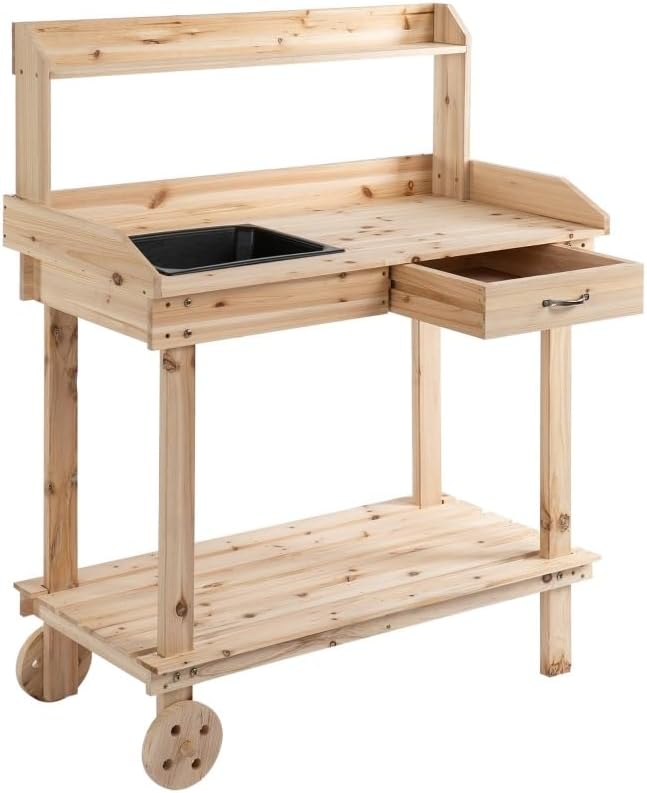 36'' Wooden Potting Bench Work Table with Removable Wheels, Sink, Drawer & Large Storage Spaces,for Outdoor Backyard