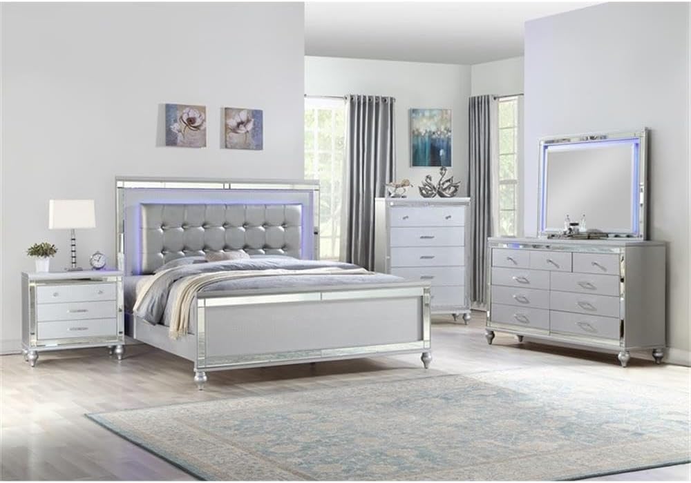 Sterling Full 5 PC LED Bedroom Set Made with Wood in Silver Color