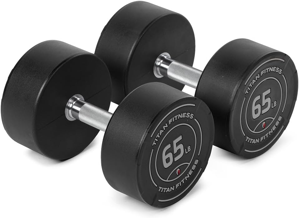 Titan Fitness Round Urethane Dumbbells, Medium Volcano Knurling, 33mm Grip, Easy-to-Read Weight Indicators, Free Weights for Strength Training