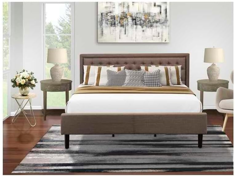 HomeStock Antique Appeal 3 Pc King Bedroom Set 1 King Bed Brown Linen Fabric Padded and Button Tufted Headboard 2 Nightstand with Mid Century Modern Drawer Black Finish Legs