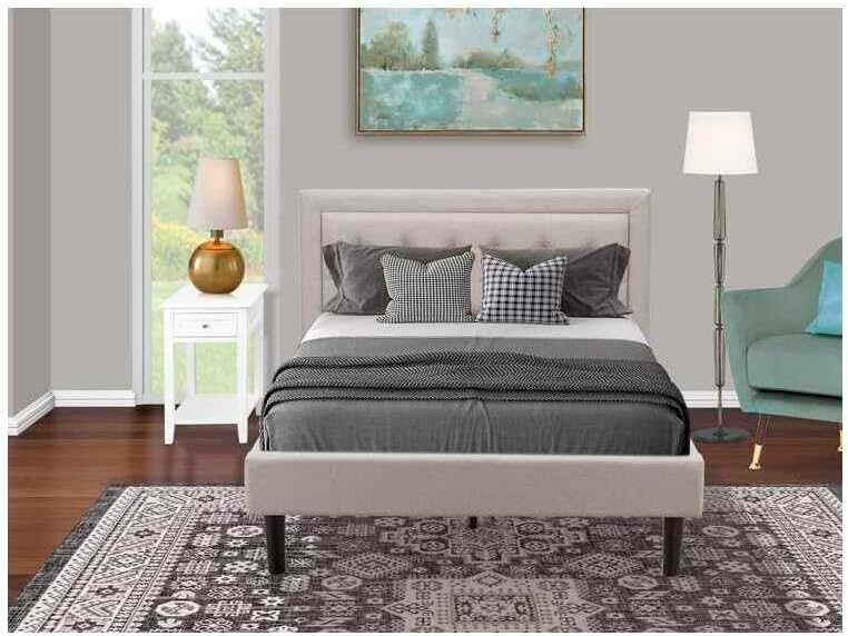 HomeStock Rustic Recluse 2 Piece Bedroom Set with Mist Beige Linen Fabric Headboard and Black Leg Finish Nightstand with USB Outlets White/Full