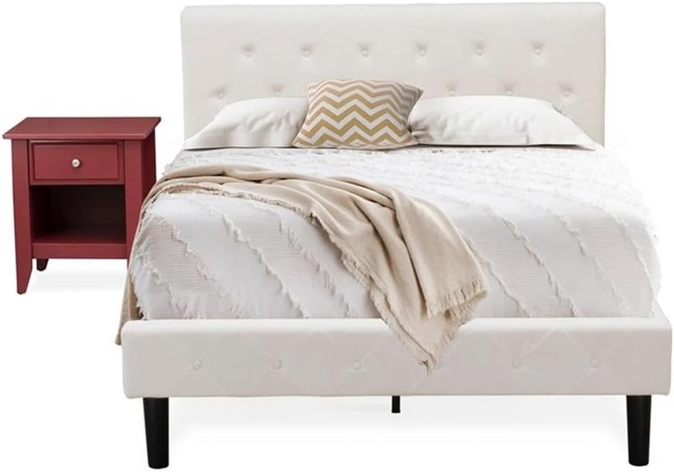 East West Furniture NL19F-1GA13 2 Piece Full Size Bed Set - Button Tufted Platform Bed Frame - Linen white Velvet Fabric Upholstered Headboard and a Burgundy Finish Nightstand