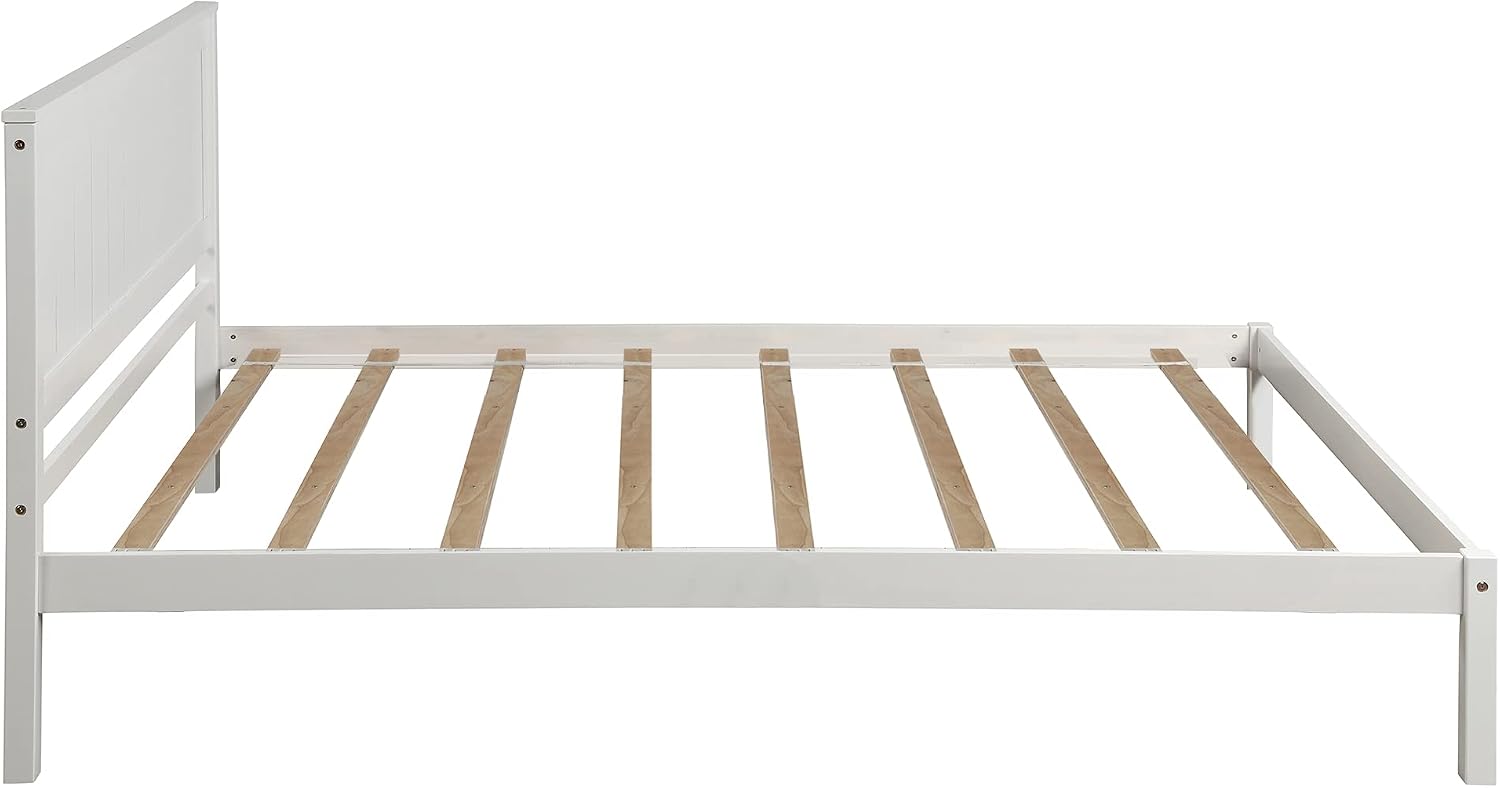 Twin Size Wood Bed Frame and Headboard, Modern Retro White Platform Beds Frames, Sturdy and Durable Design Mid Century Rustic Wooden Bedroom Set, No Box Spring Needed (White, Twin)