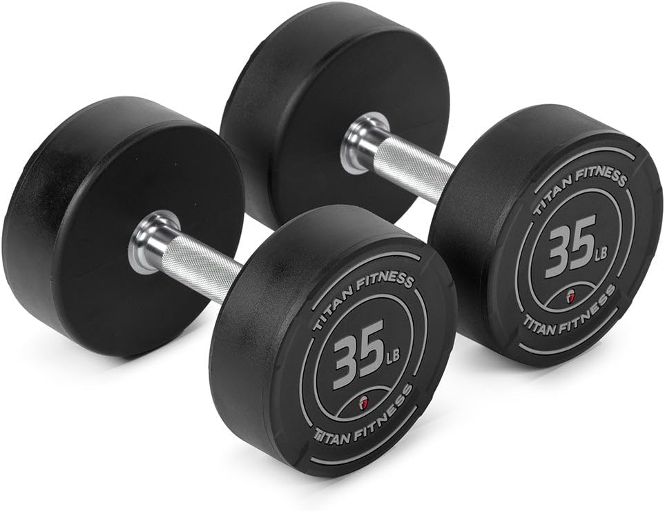 Titan Fitness Round Urethane Dumbbells, Medium Volcano Knurling, 33mm Grip, Easy-to-Read Weight Indicators, Free Weights for Strength Training