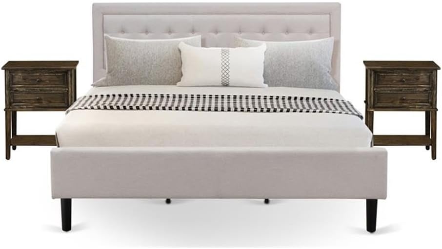 East West Furniture FN08K-2VL07 3-Piece Platform King Size Bed Set with 1 Wingback Bed and 2 Small End Tables - Reliable and Durable Construction - Mist Beige Linen Fabric