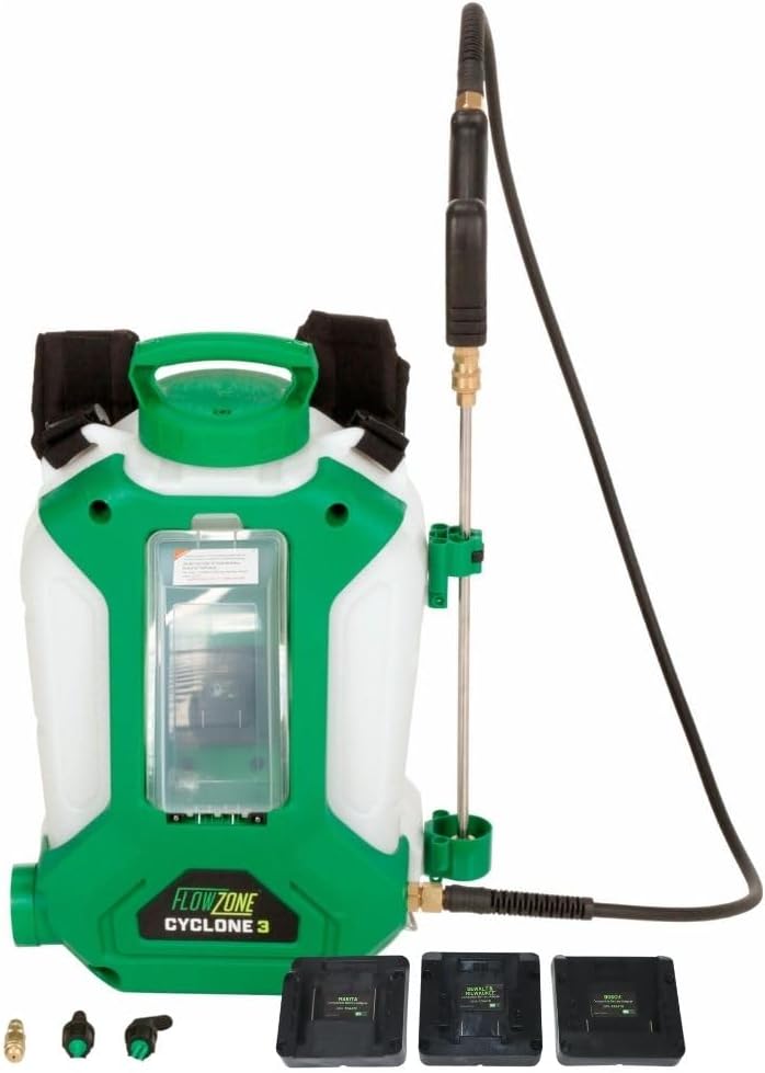 FlowZone Cyclone 3 Battery Backpack Sprayer, 4-Gal., 5-Pressure, Tool Only | Variable 8-115 PSI. QuickSwap Adapters included-Works with DeWalt, Milwaukee, Bosch & Makita Batteries. Battery not included.