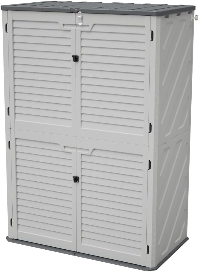 Heavy-Duty Plastic Storage Shed with Floor – Weather-Resistant Outdoor Utility Shed for Garden Tools, Lawn Equipment & Yard Supplies (L-White + Plastic-1)