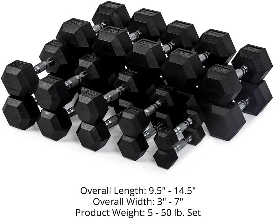 Titan Fitness Rubber Hex Dumbbells, 5 LB-50 LB Set of Pairs, Roll-Resistant Hexagonal Free Weights, Hex Dumbbell Set with Chrome-Coated Handles, Free Weight Set, Strength Training Equipment