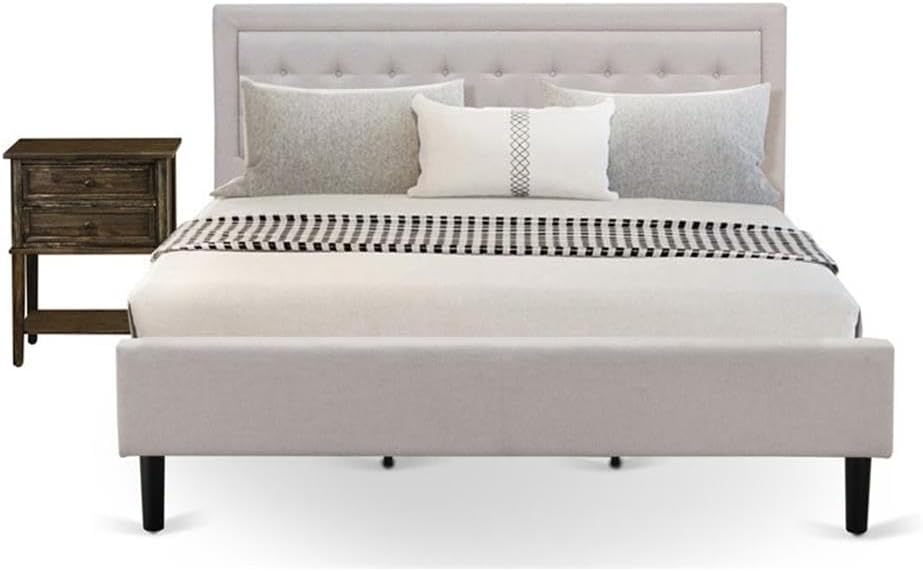 East West Furniture FN08K-1VL07 2-Piece Fannin Bedroom Set with 1 King Bed Frame and an End Table - Reliable and Sturdy Construction - Mist Beige Linen Fabric