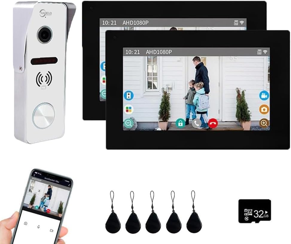 Wired Video Doorbell Apartment Intercom,7 inch Touch Screen Monitor 1080P Door Bell Camera TUYA Smart Home Door Phone Kits,3 in 1 Unlock RFID Card for Home Villa,32G (1 doorbell+2 Monitor)