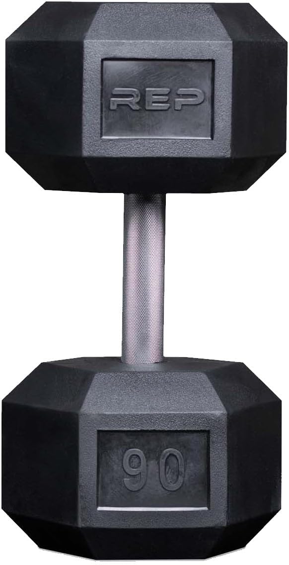 Rep Fitness Rubber Hex Dumbbell(s) - Singles (55LB +) and Pairs (5LB - 50LB) - Low Odor, Fully Knurled Handle