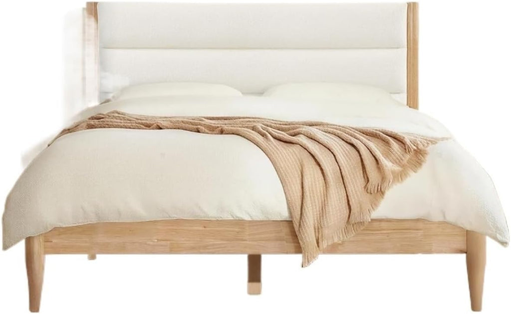 A Complete Set of Full-Size Furniture, Featuring A Wooden Bed Frame with Two Bedside Tables, Suitable for A Bedroom.(Cream)