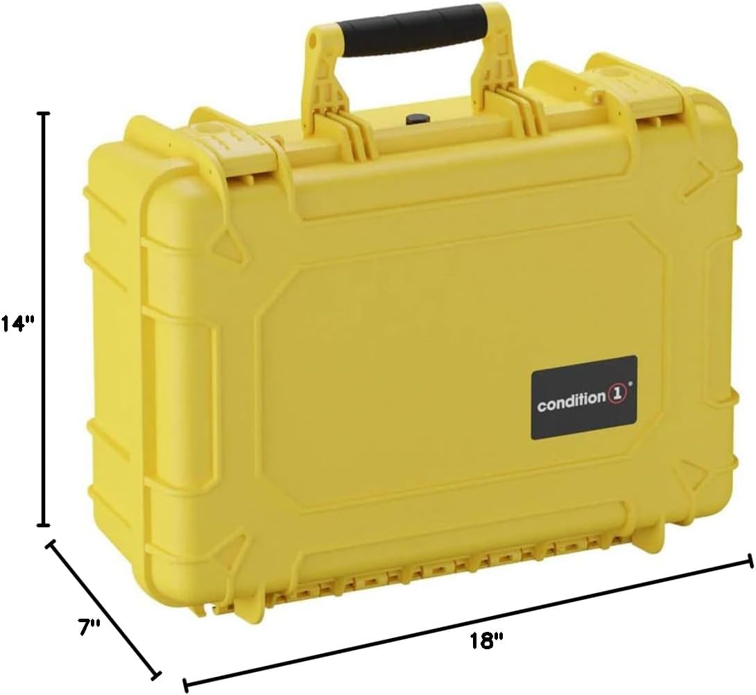 Condition 1 18' Medium Waterproof Hard Case with Foam, Model 801, Portable Protective Storage, Box for Travel, Tactical Gear, Made in USA, 18.36'x13.70'x 7.03' Yellow